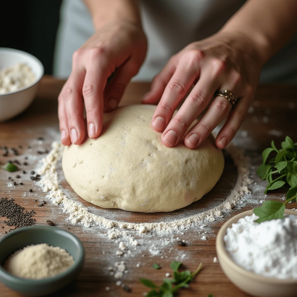 Mains pétrissant de la pâte sans gluten sur un plan de travail en bois