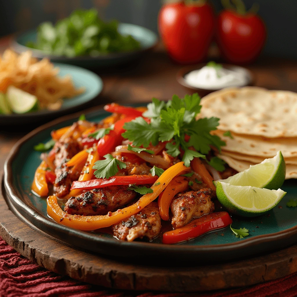 Assiette de fajitas Tex-Mex garnie de légumes colorés, poulet mariné, tortillas et accompagnements frais.