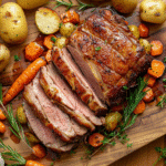 rôti de veau au four tranché avec légumes rôtis
