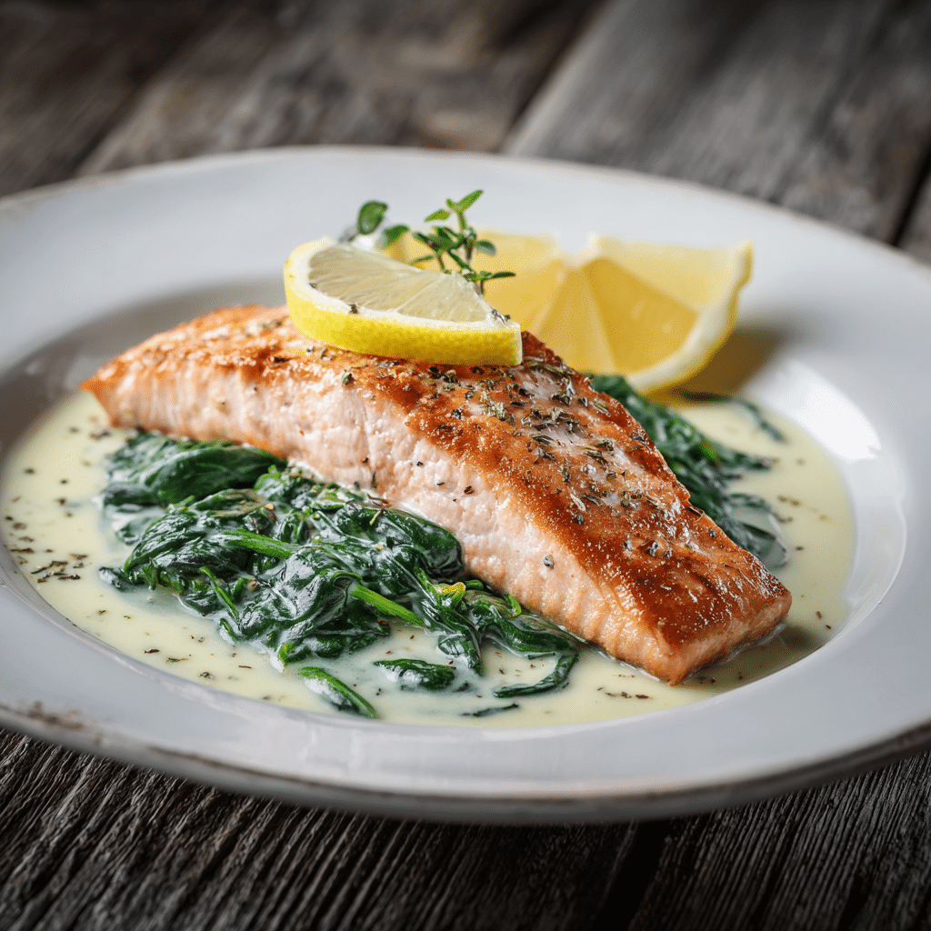 saumon épinard sur assiette avec sauce crémeuse