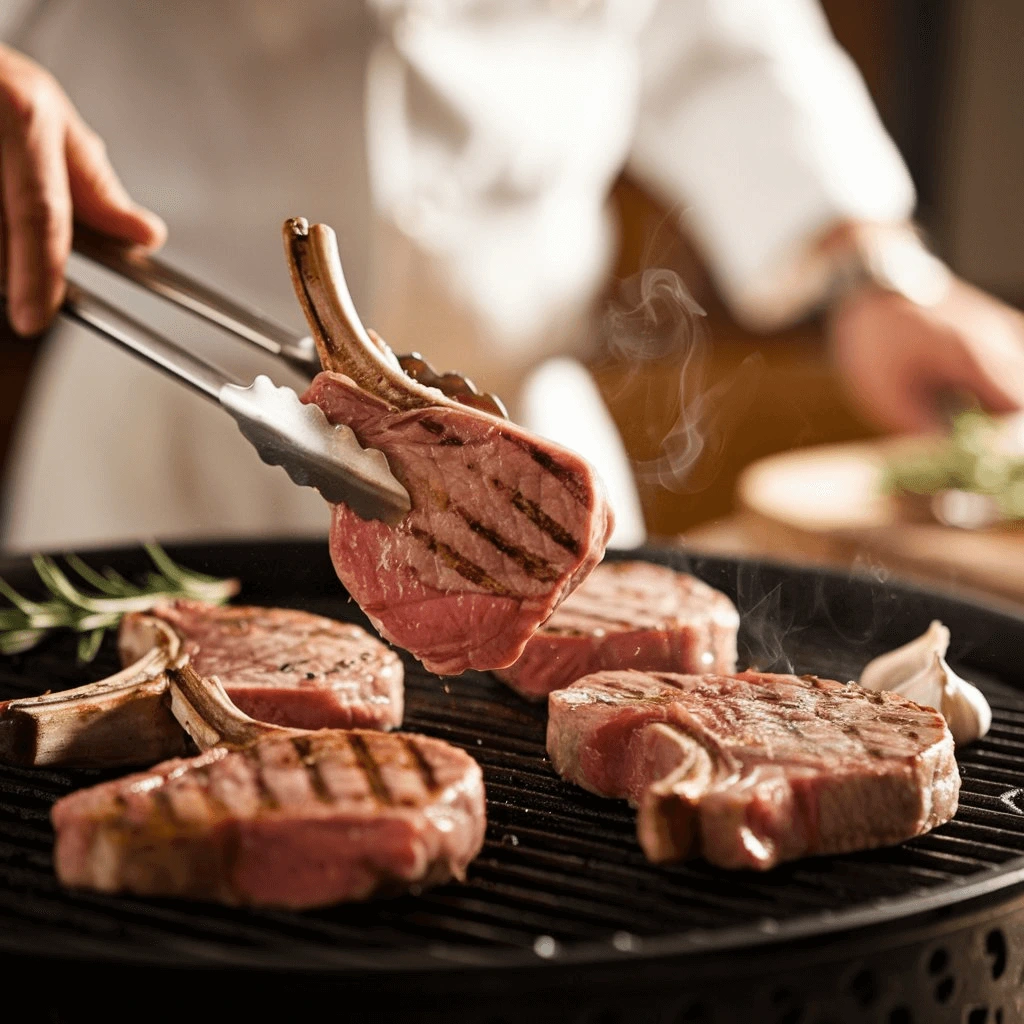 Côtelettes de veau dorées sur un grill en fonte avec du romarin et de l'ail, légèrement fumantes.