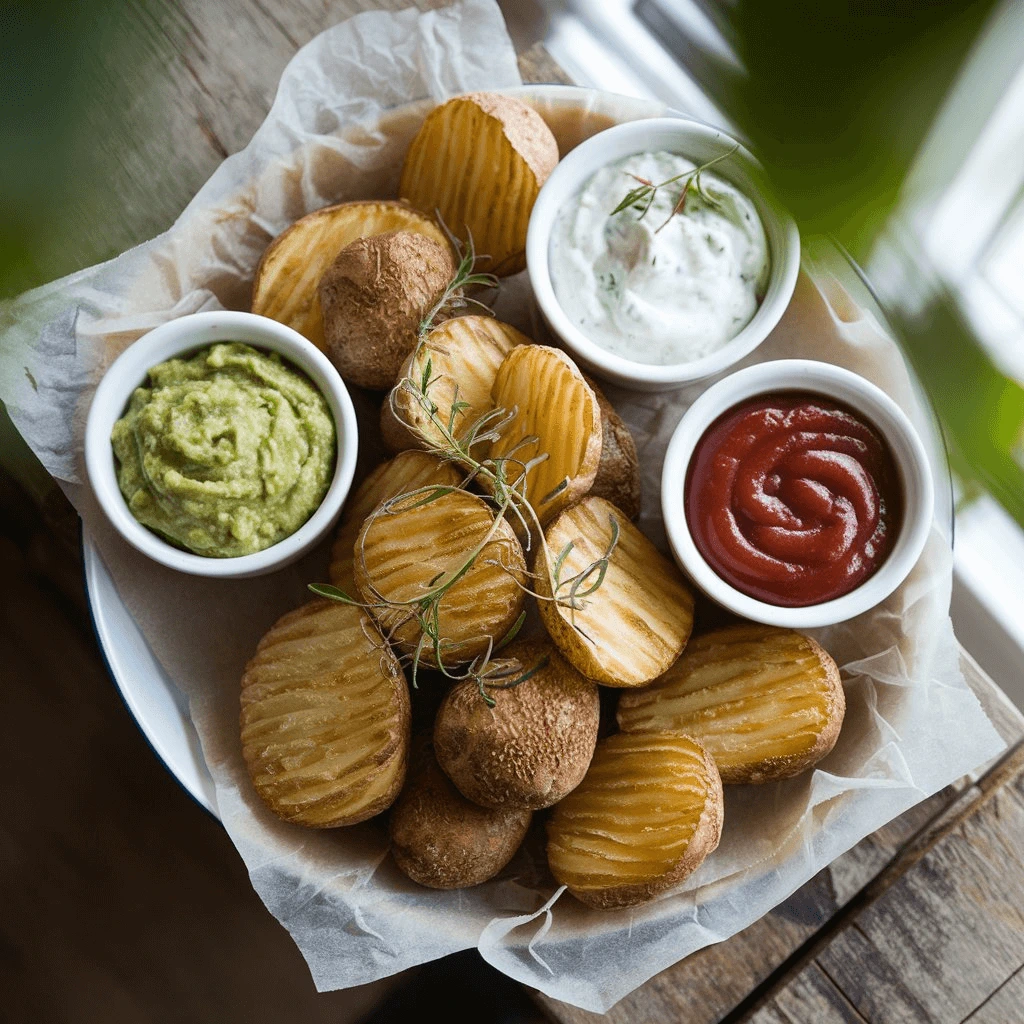 Pommes de terre Air Fryer avec dips crémeux (guacamole, tzatziki, ketchup épicé)