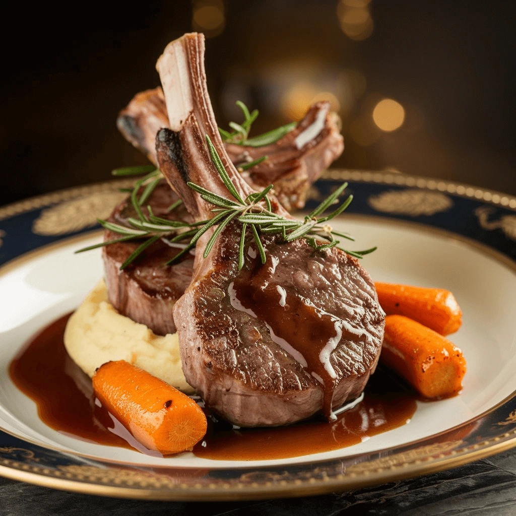 Assiette gastronomique avec des côtelettes de veau grillées, servies avec une purée onctueuse et des légumes rôtis, nappées d’une sauce gourmande.