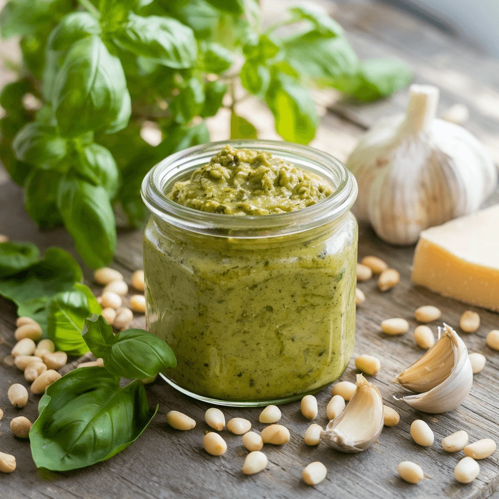 Pesto maison frais avec basilic, pignons de pin, ail et parmesan sur une table en bois.