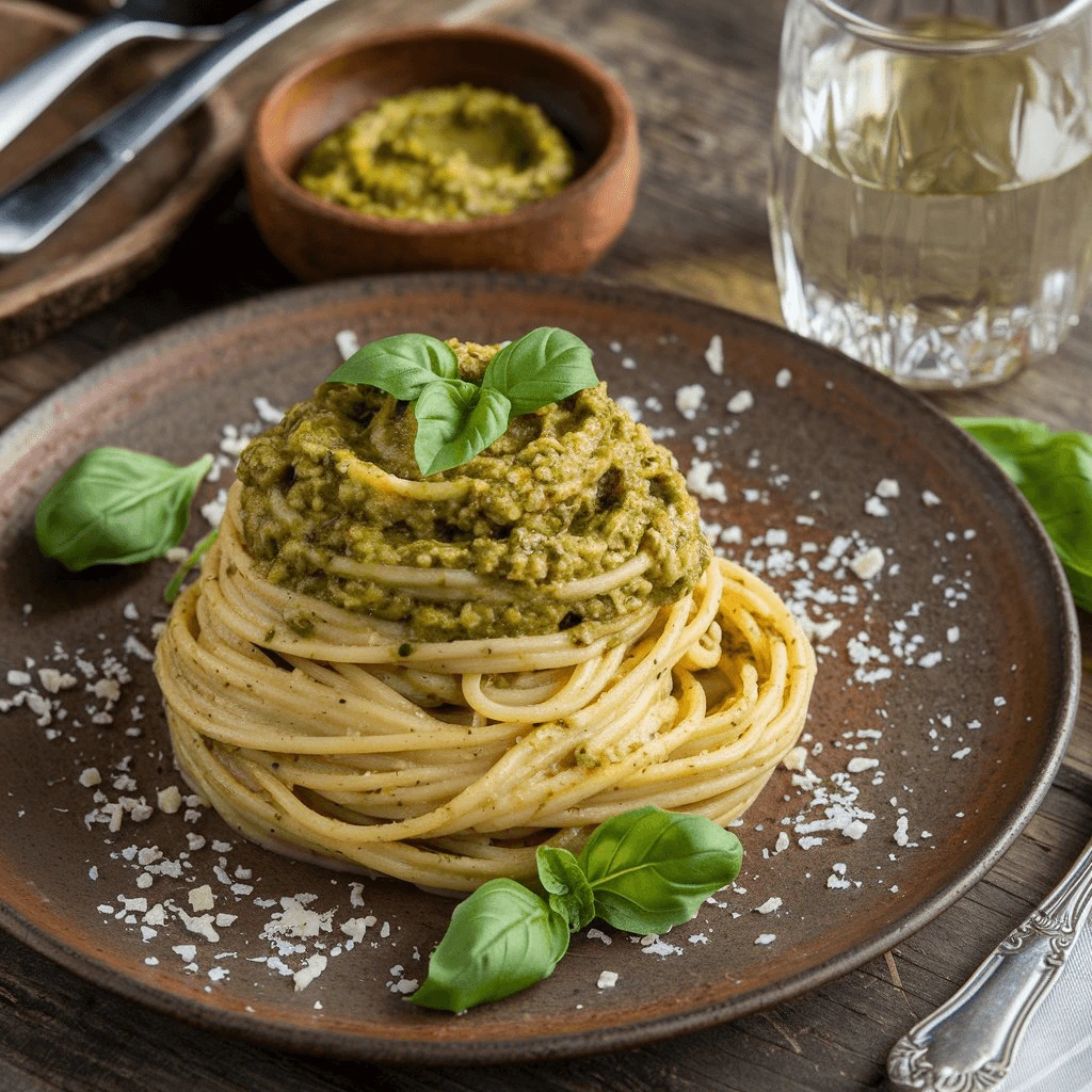 Pâtes nappées de pesto maison, garnies de basilic frais et de parmesan.