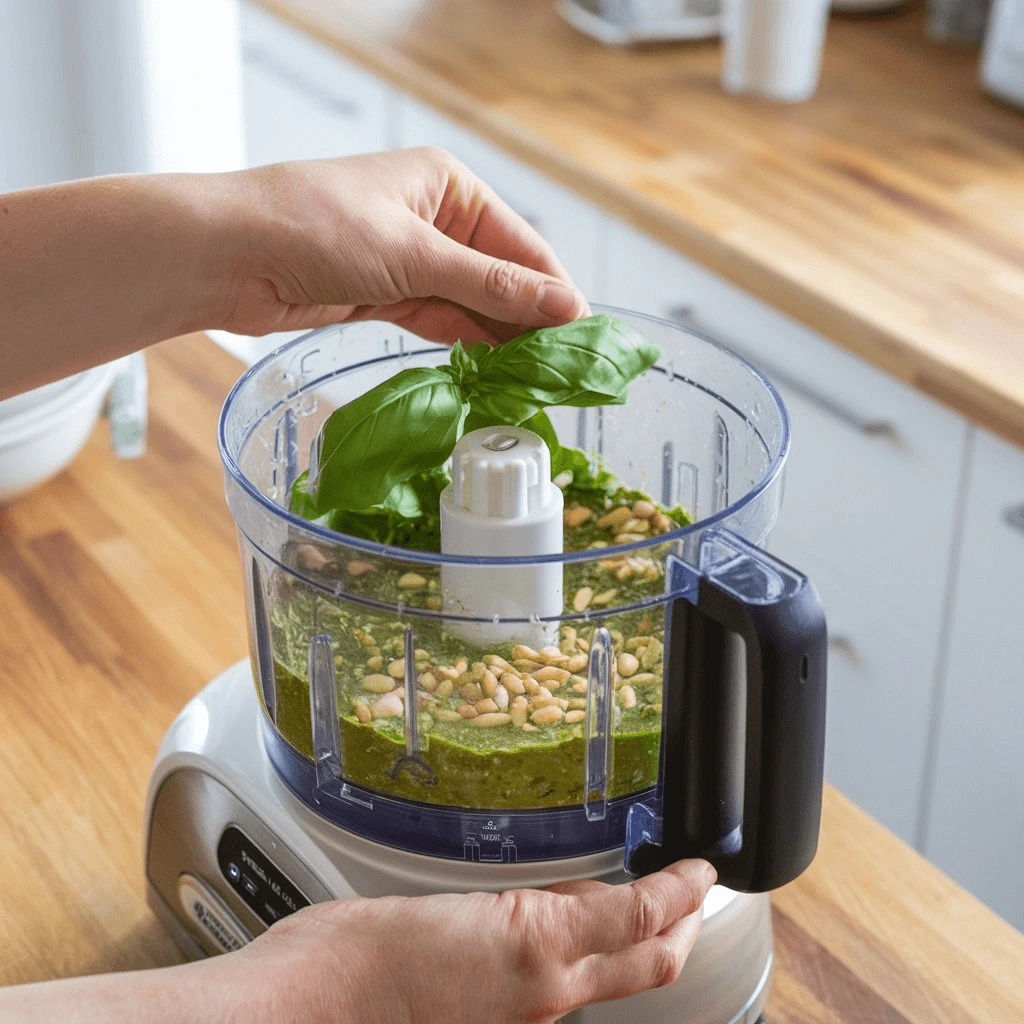 Préparation du pesto maison dans un robot de cuisine avec basilic, ail, pignons de pin et huile d'olive.