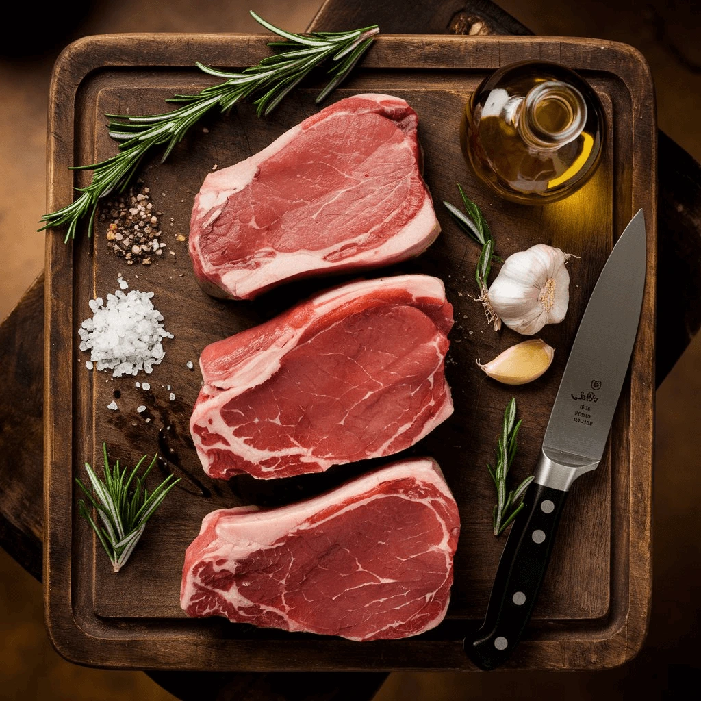 Ingrédients frais pour préparer des côtelettes de veau, disposés sur une planche en bois avec des épices et des herbes aromatiques.