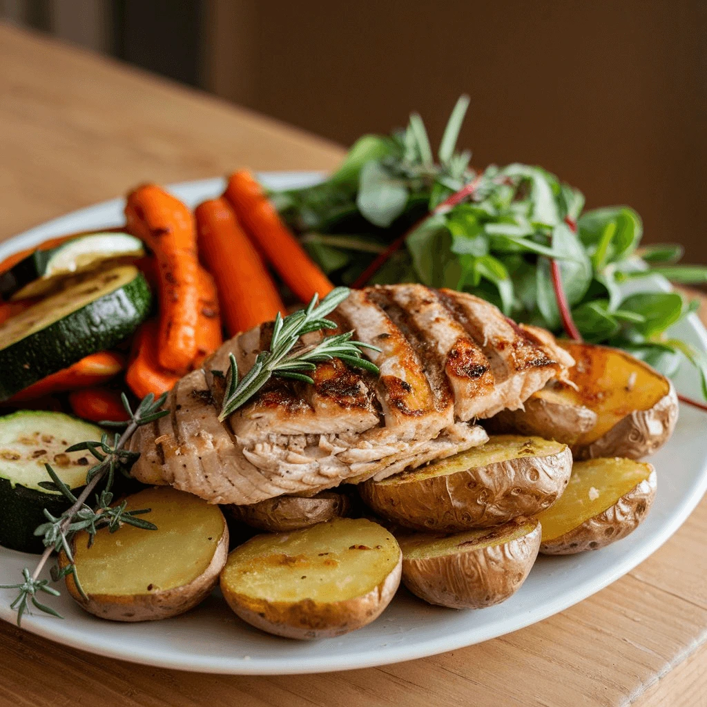 Pommes de terre Air Fryer accompagnées de poulet grillé et légumes rôtis