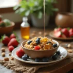 Bol de granola maison avec des fruits frais, des noix et du miel dans une cuisine chaleureuse.