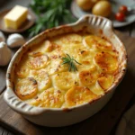 Gratin dauphinois doré avec une croûte croustillante et crémeuse, servi dans un plat en céramique rustique.
