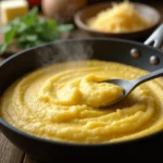 Polenta crémeuse en train d'être mélangée dans une casserole avec de la vapeur s'élevant.