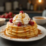 Crêpes dorées garnies de fruits frais, chantilly et caramel, prêtes à déguster.