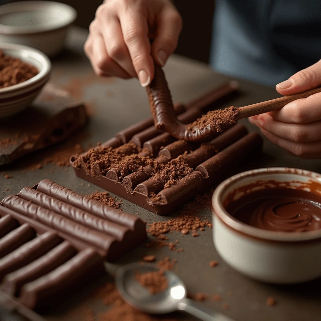 Préparation maison de cigarettes en chocolat, chocolat fondu dans des moules en forme de cigarettes.