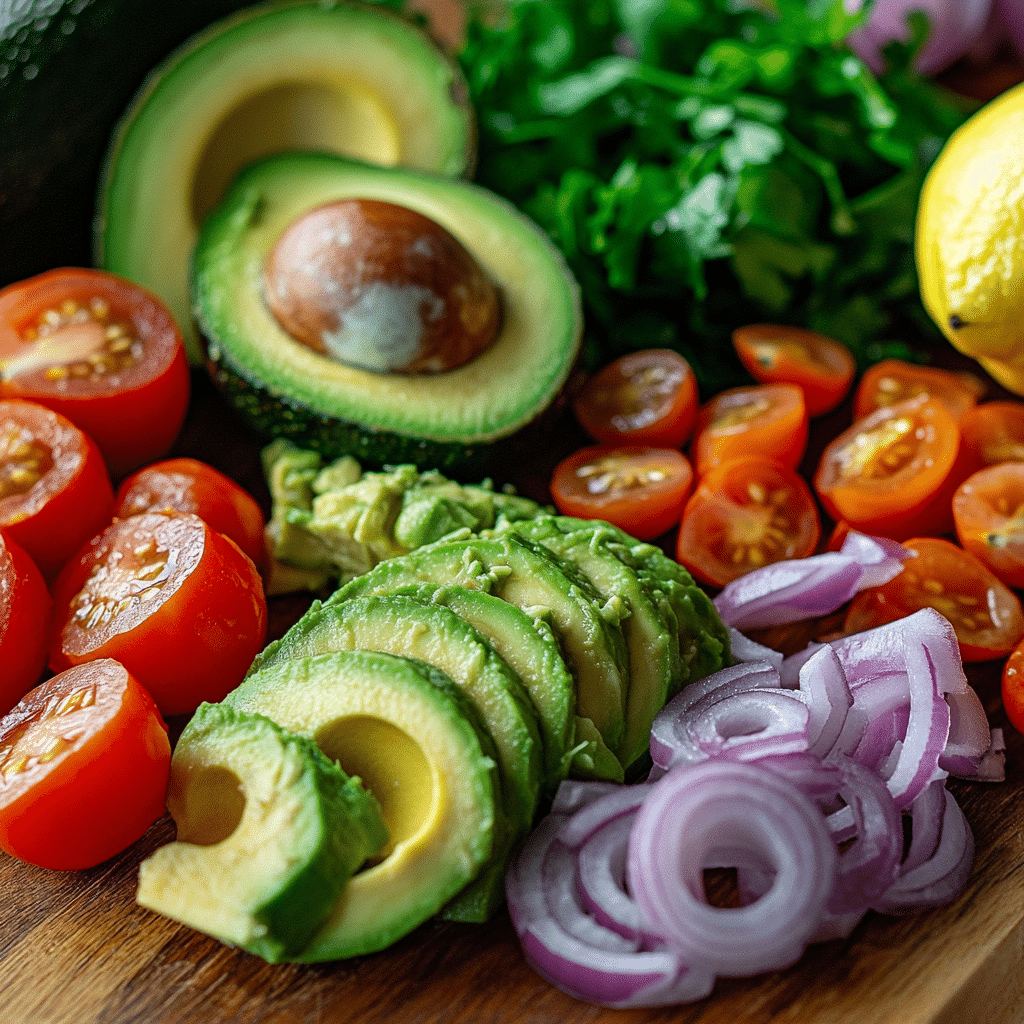 Ingrédients frais pour une salade d'avocat et thon : avocat, thon, tomates, oignon