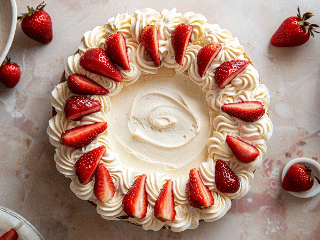 Montage du fraisier avec fraises et crème mascarpone