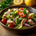 Salade d'avocat et thon avec tomates cerises, oignon et coriandre fraîche