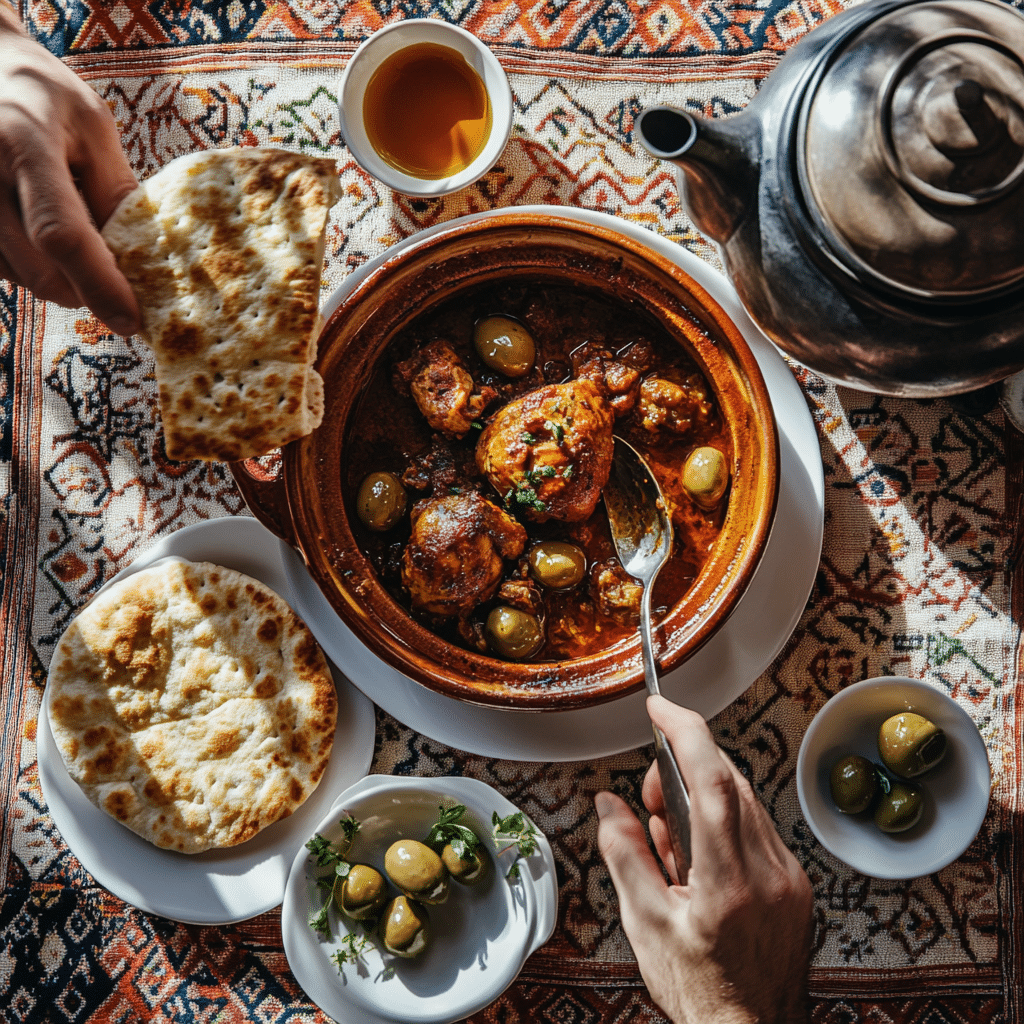 tajine poulet servi à table avec pain et thé marocain