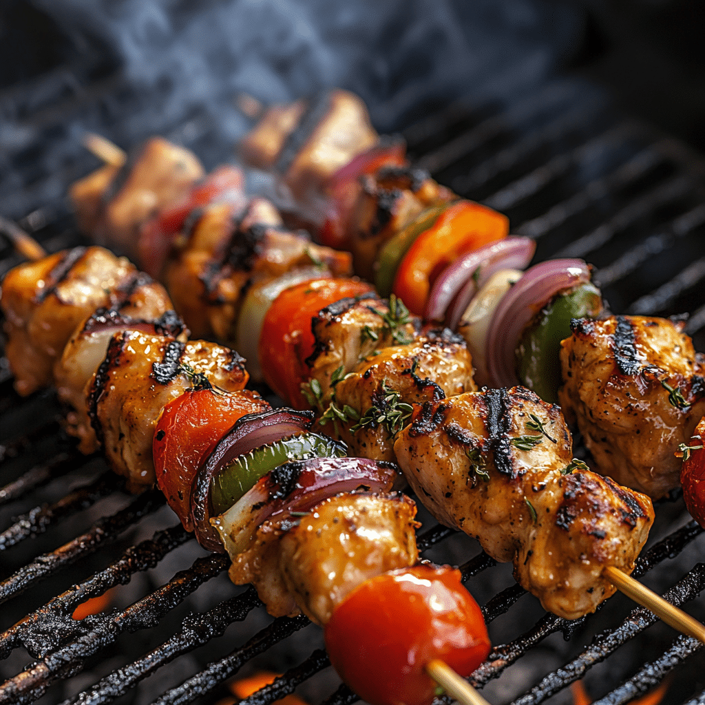 Brochettes de poulet mariné grillées avec légumes sur le grill