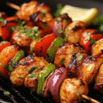cuisson des brochettes de poulet mariné avec légumes grillés