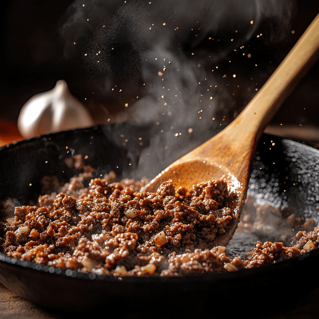 Cuisson de la viande pour tacos mexicain dans une poêle en fonte