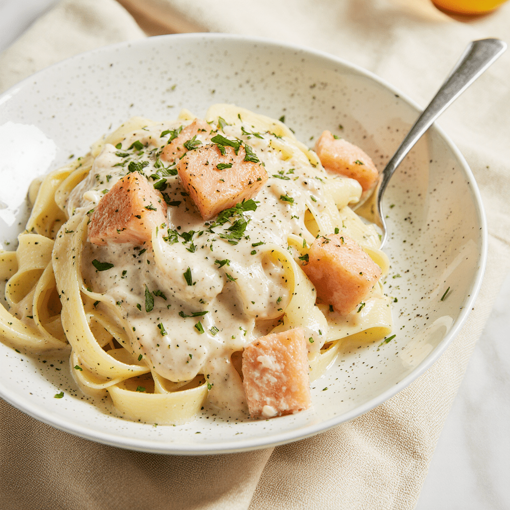tagliatelles au saumon sauce crémeuse servies en assiette