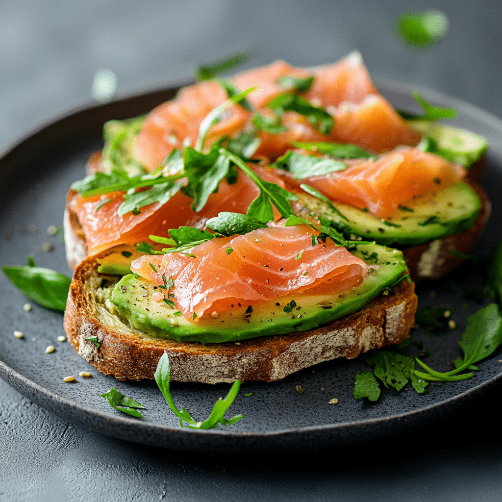 toast avocat saumon sur pain grillé rustique