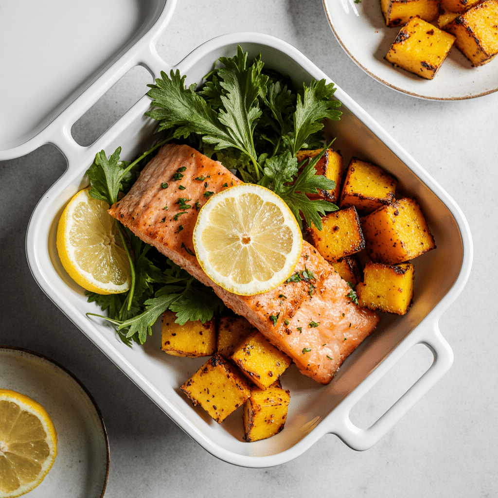 Lunch box saine avec saumon rôti au citron, patates douces rôties