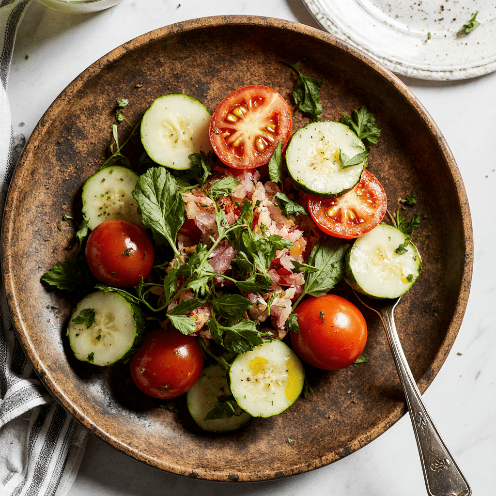 salade de concombre et tomate sur assiette rustique