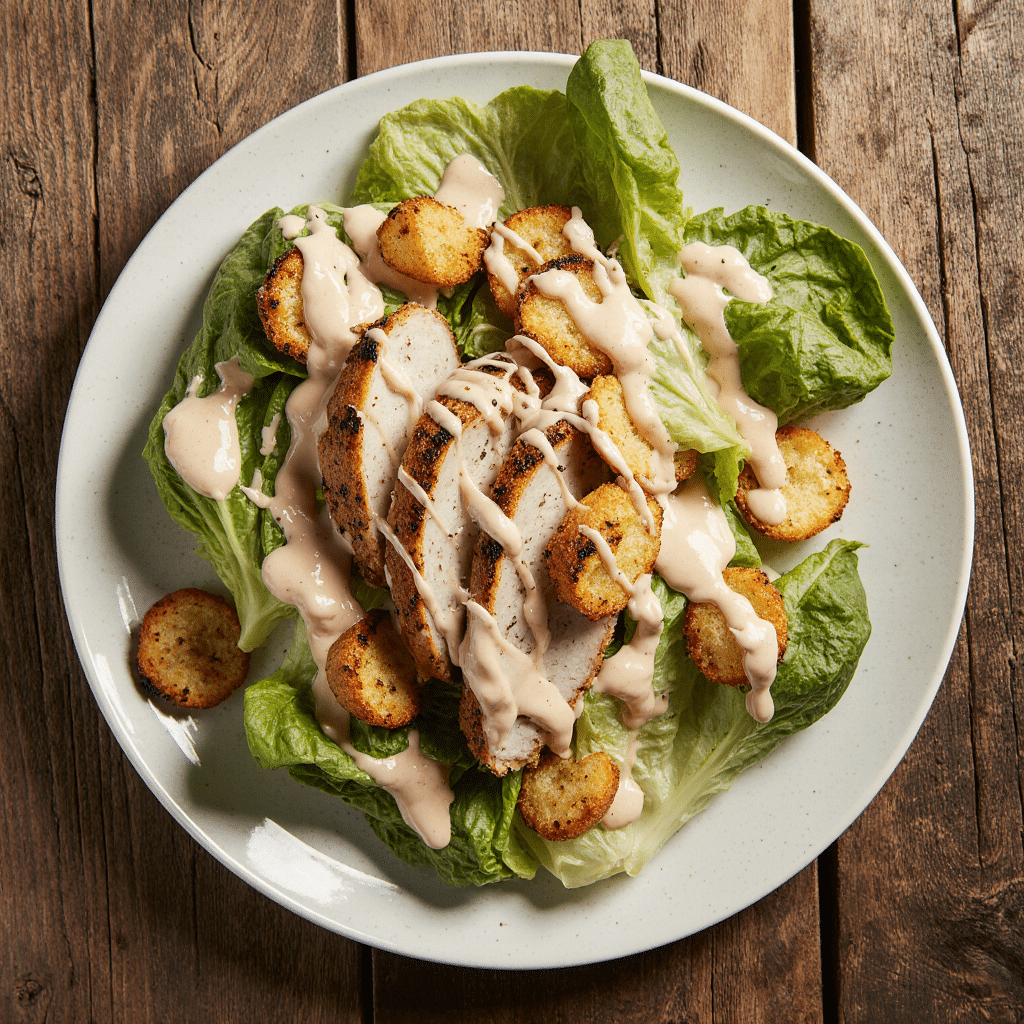 recette salade césar maison servie sur table rustique