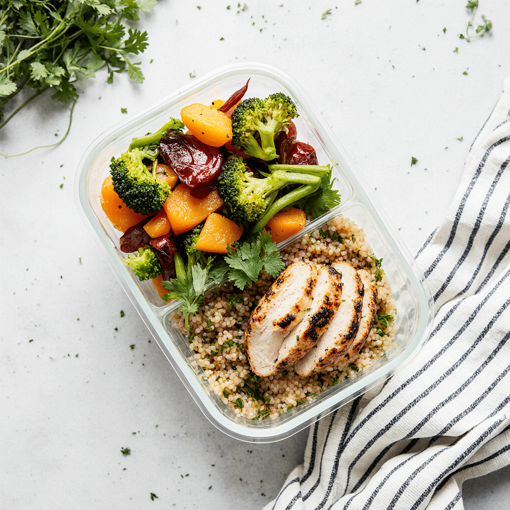 Lunch box saine pour la rentrée avec quinoa, légumes colorés et poulet grillé.