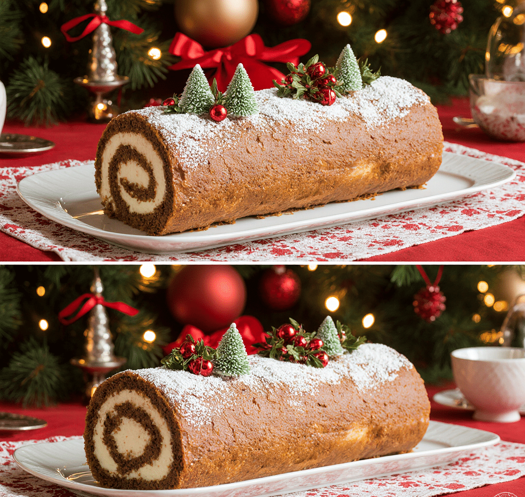 Bûche de Noël tiramisu sur table festive