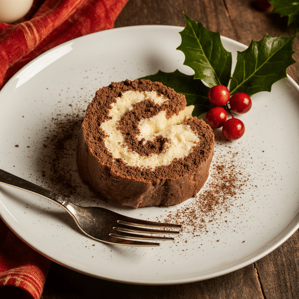 Part de bûche tiramisu servie