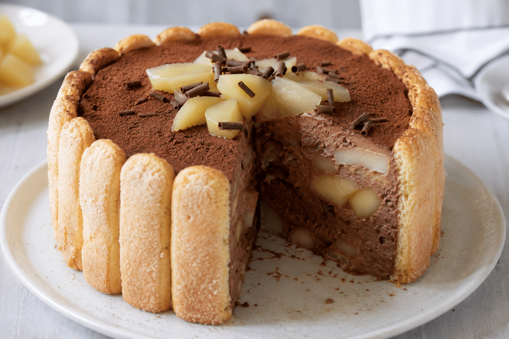 Charlotte poire chocolat maison avec biscuits à la cuillère, mousse au chocolat et morceaux de poires fondantes