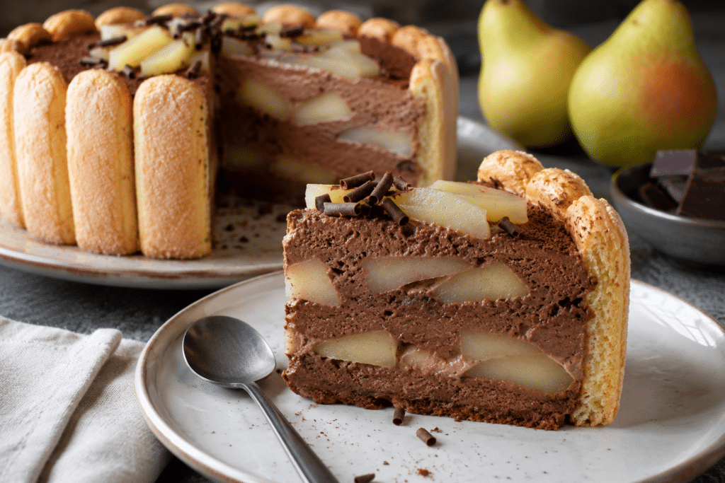 Part de charlotte poire chocolat avec mousse au chocolat onctueuse et morceaux de poires